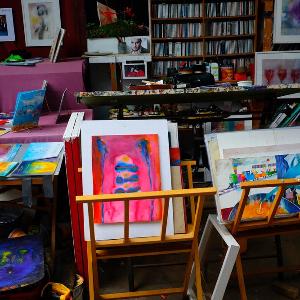 A studio with paintings